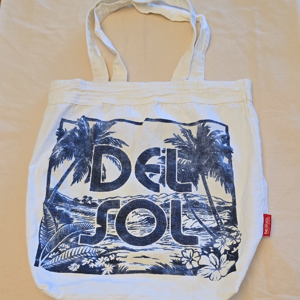 Del SoL White and Blue Beacg Print  Tote Bag